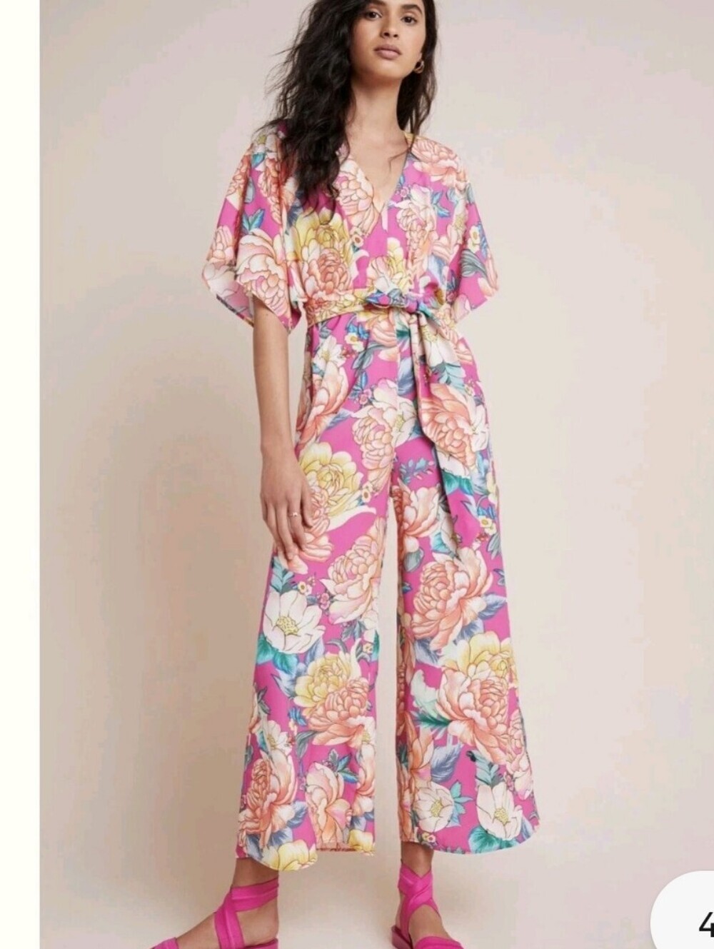 Farm Rio Eulalie Wide-Leg Jumpsuit XS Pink Floral Hawaiian Belted Waist Pockets